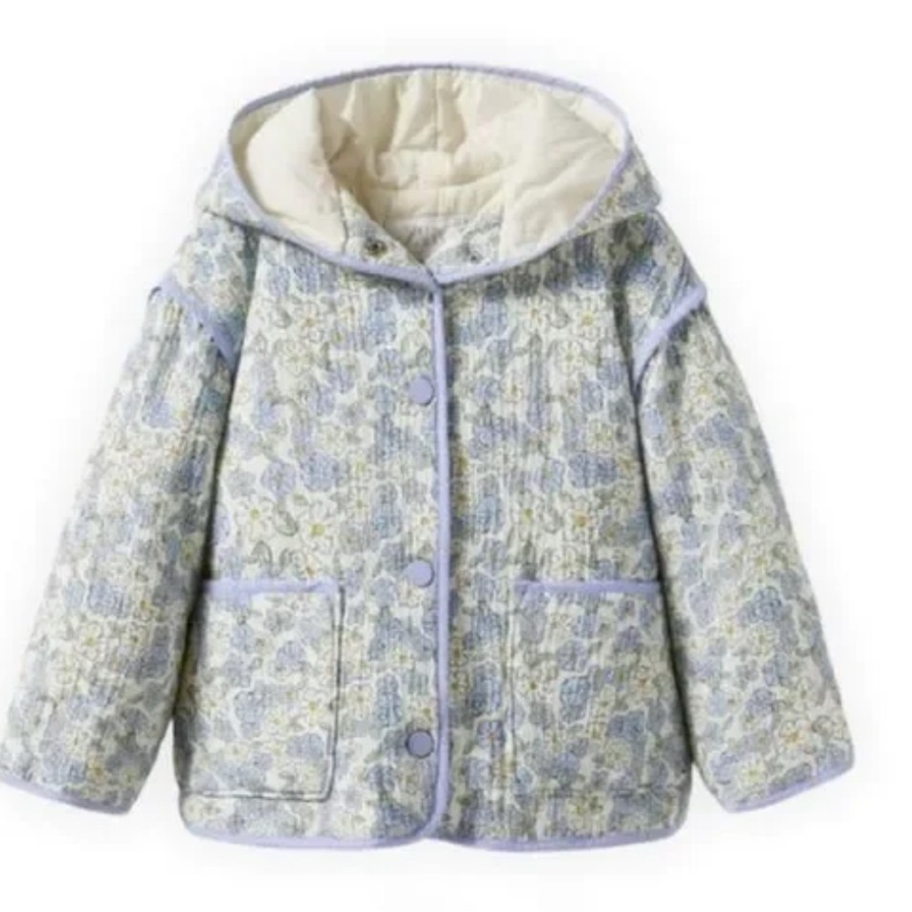 Zara Blue and Cream Floral Hooded Jacket